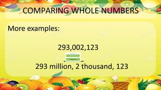 COMPARING WHOLE NUMBERS
More examples:
293,002,123
293 million, 2 thousand, 123
 