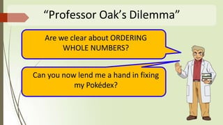 “Professor Oak’s Dilemma”
Are we clear about ORDERING
WHOLE NUMBERS?
Can you now lend me a hand in fixing
my Pokédex?
 