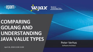 COMPARING
GOLANG AND
UNDERSTANDING
JAVA VALUE TYPES
April 26, 2018 12:00-13:00
Peter Verhas
Software Architect
 