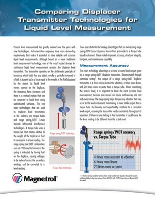 Process level measurement has greatly evolved over the years with
new technologies. Instrumentation engineers have more demanding
requirements that make it essential to have reliable and accurate
liquid level measurements. Although based on a more traditional
level measurement technology, one of the most trusted devices for
continuous liquid level measurement remains the displacer level
transmitter. This transmitter operates on the Archimedes principle of
buoyancy, which holds that any object, wholly or partially immersed in
a fluid, is buoyed up by a force equal to the weight of the fluid displaced
by the object. As liquid level
moves upward on the displacer,
the buoyancy force increases and
there is a vertical motion that can
be converted to liquid level using
sophisticated software. The two
main technologies that are used
as displacer level transmitters
in the industry are torque tubes
and range spring/LVDT (Linear
Variable Differential Transformer)
technologies. A torque tube uses a
torsion bar that rotates relative to
the weight of the displacer in fluid
to correspond to a level reading. The
range spring and LVDT combination
uses an LVDT core that moves as the
spring is unloaded by having fluid
on the displacer, causing voltages
to be induced across the secondary
windings and be converted to a
level reading.
There are substantial technology advantages that can make using range
spring/LVDT based displacer transmitters preferable to a torque tube
based instrument. These include improved accuracy, structural integrity,
footprint, and maintenance capability.
Measurement Accuracy
The main technology advantage is a more accurate level output given
by a range spring/LVDT displacer transmitter. Demonstrated through
extensive testing1
, the output of a range spring/LVDT displacer
transmitter is 4 times more resistant to vibration, 6 times more linear,
and 20 times more accurate than a torque tube. When monitoring
the process level, it is important to have the most accurate level
measurement, because inaccuracies can cause inefficiencies and cost
end users money. The range spring helps dampen any vibration that may
occur to the level instrument, maintaining a more stable output than a
torque tube. The linearity and repeatability contribute to a consistent
level output, ensuring the transmitter reads consistently throughout its
operation. If there is any sticking in the transmitter, it could cause for
the level reading to be different from the actual level.
Optimizing the Steam Generation
Cycle and Condensate
Recovery Process for Profit
Range spring/LVDT technology
Torque tube technology
1 – Vibration testing completed between Fisher 2500 Leveltrol and Magnetrol Modulevel. Linearity
and Repeatability testing done between Fisher DLC3010 with 249BF torque tube and Magnetrol E3
Modulevel.
Comparing Displacer
Transmitter Technologies for
Liquid Level Measurement
 