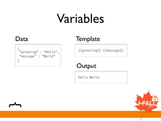 Variables
{
“greeting” : “Hello”,
“message” : “World”
}
{{greeting}} {{message}}
Data Template
Hello World
Output
 