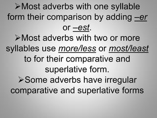 Most adverbs with one syllable
form their comparison by adding –er
or –est.
Most adverbs with two or more
syllables use more/less or most/least
to for their comparative and
superlative form.
Some adverbs have irregular
comparative and superlative forms
 