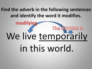 Find the adverb in the following sentences
and identify the word it modifies.
We live temporarily
in this world.
 