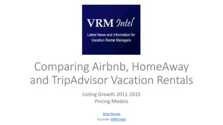 Comparing Airbnb, HomeAway
and TripAdvisor Vacation Rentals
Listing Growth 2011-2015
Pricing Models
Amy Hinote
Founder VRM Intel
 