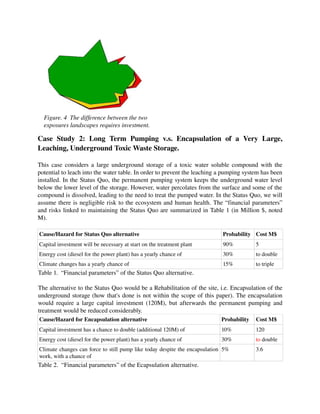 Figure. 4  The difference between the two 
  exposures landscapes requires investment.

Case   Study   2:  Long   Term   Pumping   v.s.   Encapsulation   of   a   Very   Large, 
Leaching, Underground Toxic Waste Storage.

This case considers a large underground storage of a toxic water soluble compound with the 
potential to leach into the water table. In order to prevent the leaching a pumping system has been 
installed. In the Status Quo, the permanent pumping system keeps the underground water level 
below the lower level of the storage. However, water percolates from the surface and some of the 
compound is dissolved, leading to the need to treat the pumped water. In the Status Quo, we will 
assume there is negligible risk to the ecosystem and human health. The “financial parameters” 
and risks linked to maintaining the Status Quo are summarized in Table 1 (in Million $, noted 
M).

Cause/Hazard for Status Quo alternative                                      Probability Cost M$
Capital investment will be necessary at start on the treatment plant         90%          5
Energy cost (diesel for the power plant) has a yearly chance of              30%          to double
Climate changes has a yearly chance of                                       15%          to triple
Table 1.  “Financial parameters” of the Status Quo alternative.

The alternative to the Status Quo would be a Rehabilitation of the site, i.e. Encapsulation of the 
underground storage (how that's done is not within the scope of this paper). The encapsulation 
would require a large capital investment (120M), but afterwards the permanent pumping and 
treatment would be reduced considerably. 
Cause/Hazard for Encapsulation alternative                                  Probability   Cost M$
Capital investment has a chance to double (additional 120M) of              10%           120
Energy cost (diesel for the power plant) has a yearly chance of             30%           to double
Climate changes can force to still pump like today despite the encapsulation  5%          3.6
work, with a chance of
Table 2.  “Financial parameters” of the Ecapsulation alternative.
 