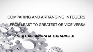 COMPARING AND ARRANGING INTEGERS
FROM LEAST TO GREATEST OR VICE VERSA
KHEA CASSANDRA M. BATIANCILA
 