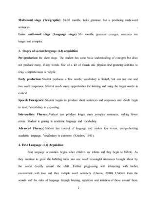 2 
Multi-word stage (Telegraphic): 24-30 months, lacks grammar, but is producing multi-word sentences . Later multi-word stage (Language stage): 30+ months, grammar emerges, sentences are longer and complex. 3. Stages of second language (L2) acquisition 
Pre-production: the silent stage. The student has some basic understanding of concepts but does not produce many, if any words. Use of a lot of visuals and physical and gesturing activities to relay comprehension is helpful. 
Early production: Student produces a few words, vocabulary is limited, but can use one and two word responses. Student needs many opportunities for listening and using the target words in context. 
Speech Emergence: Student begins to produce short sentences and responses and should begin to read. Vocabulary is expanding. 
Intermediate Fluency: Student can produce longer more complex sentences, making fewer errors. Student is gaining in academic language and vocabulary. 
Advanced Fluency: Student has control of language and makes few errors, comprehending academic language. Vocabulary is extensive (Krashen, 1981). 4. First Language (L1) Acquisition First language acquisition begins when children are infants and they begin to babble. As they continue to grow the babbling turns into one word meaningful utterances brought about by the world directly around the child. Further progressing with interacting with his/her environment with two and then multiple word sentences (Owens, 2010). Children learn the sounds and the rules of language through listening, repetition and imitation of those around them.  