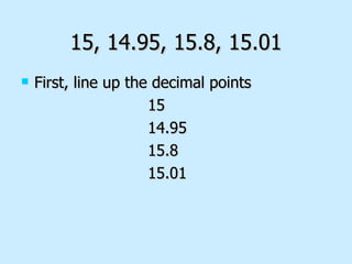 First, line up the decimal points 15 14.95 15.8 15.01 15, 14.95, 15.8, 15.01 