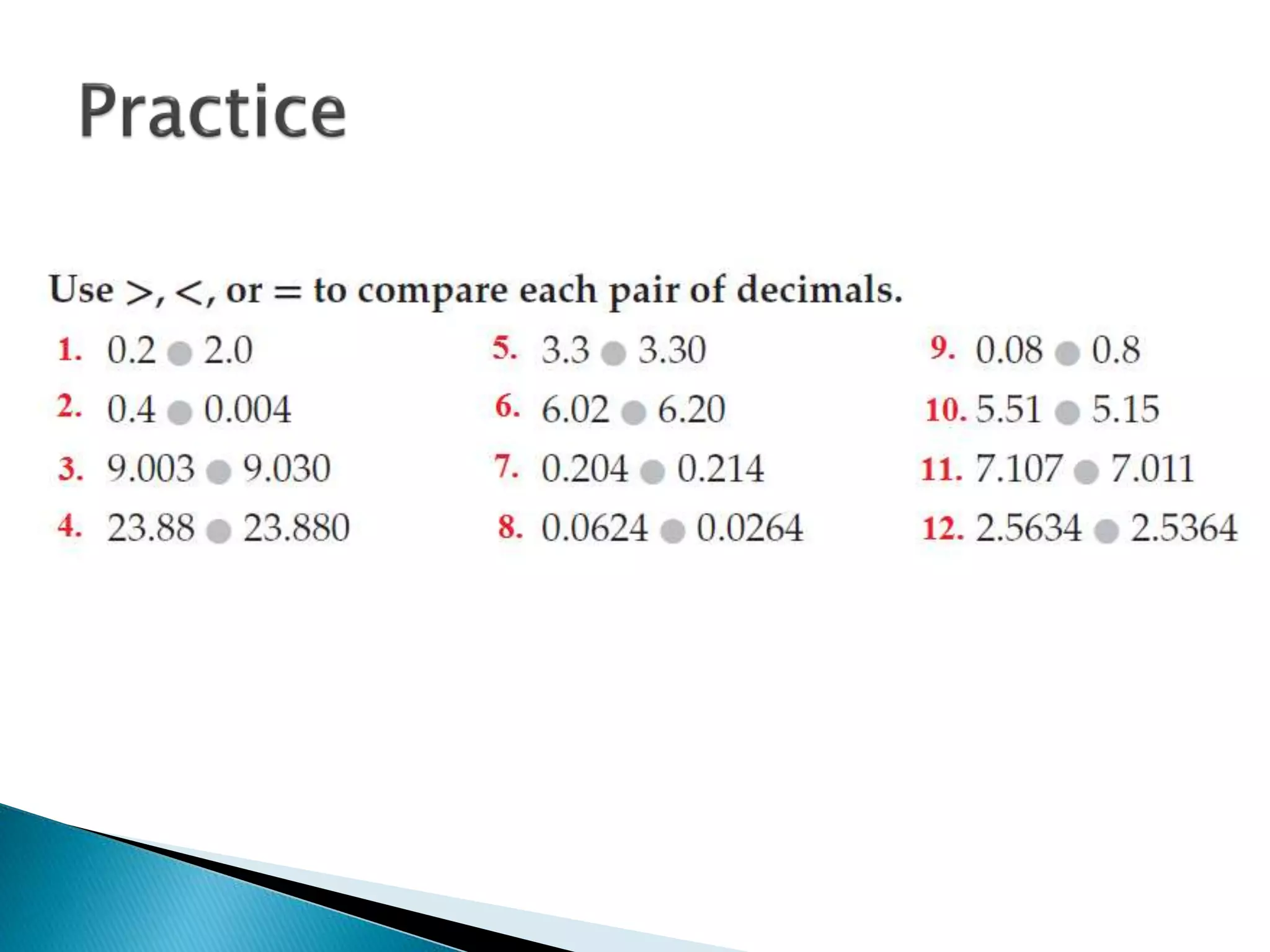 Comparing and ordering decimals