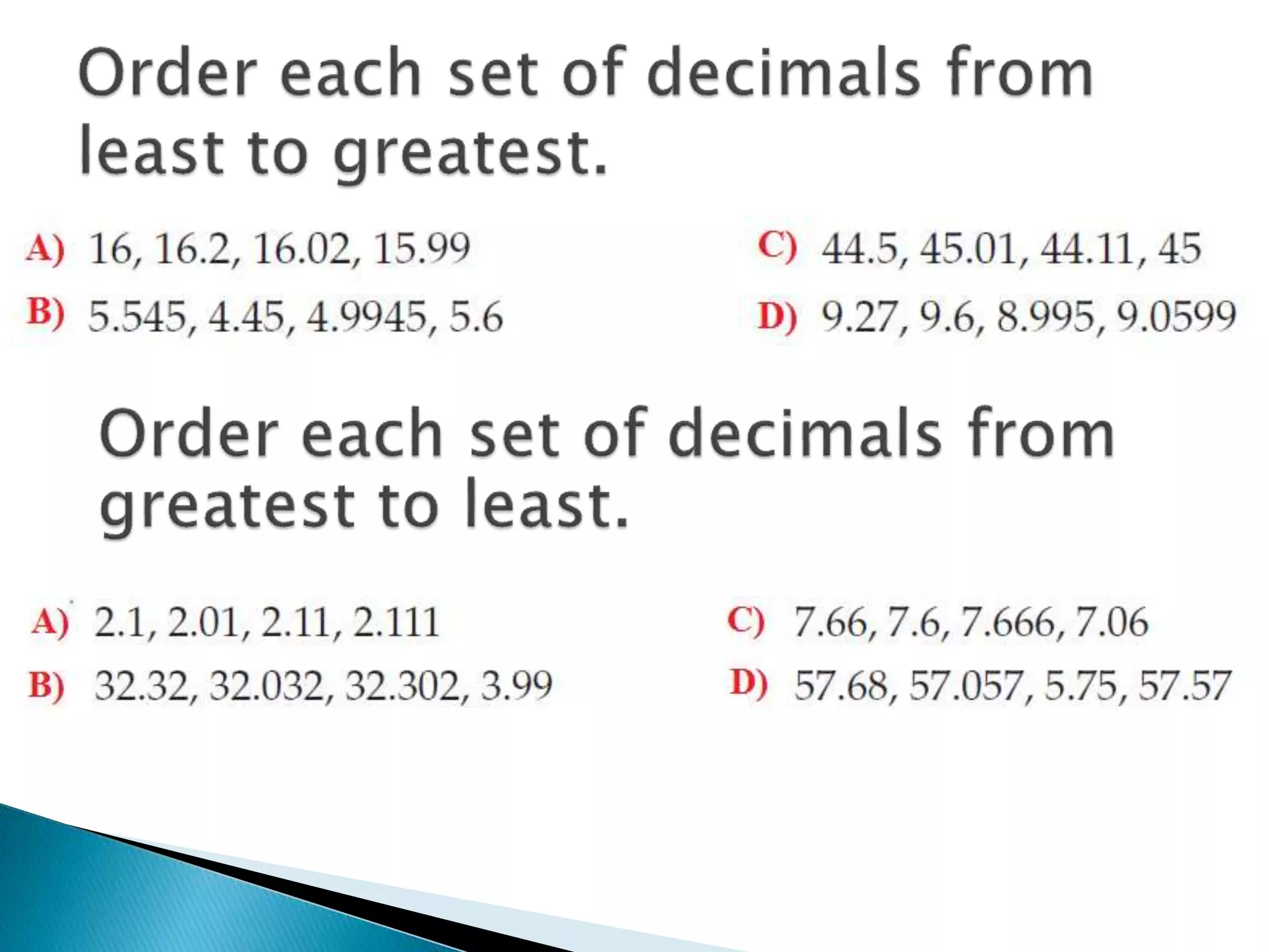 Comparing and ordering decimals