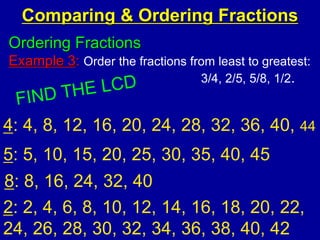 Ordering Fractions
Example 3: Order the fractions from least to greatest:
3/4, 2/5, 5/8, 1/2.
Comparing & Ordering Fractions
4: 4, 8, 12, 16, 20, 24, 28, 32, 36, 40, 44
5: 5, 10, 15, 20, 25, 30, 35, 40, 45
8: 8, 16, 24, 32, 40
2: 2, 4, 6, 8, 10, 12, 14, 16, 18, 20, 22,
24, 26, 28, 30, 32, 34, 36, 38, 40, 42
 
