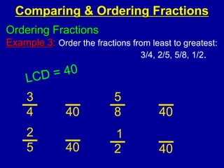 Ordering Fractions
Example 3: Order the fractions from least to greatest:
3/4, 2/5, 5/8, 1/2.
Comparing & Ordering Fractions
3
4
2
5
5
8
1
2
40
40
40
40
 
