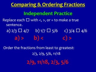 Independent Practice
Replace each □ with <, >, or = to make a true
sentence.
Comparing & Ordering Fractions
a) 2/3 □ 4/7 b) 1/7 □ 5/6 c) 3/4 □ 4/6
a) > b) < c) >
Order the fractions from least to greatest:
2/3, 2/9, 5/6, 11/18
2/9, 11/18, 2/3, 5/6
 