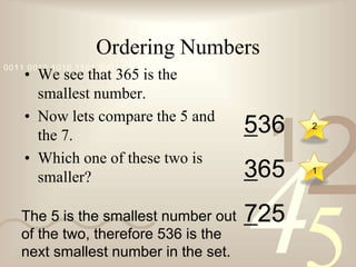 421
0011 0010 1010 1101 0001 0100 1011
Ordering Numbers
• We see that 365 is the
smallest number.
• Now lets compare the 5 and
the 7.
• Which one of these two is
smaller?
536
365
725The 5 is the smallest number out
of the two, therefore 536 is the
next smallest number in the set.
1
2
 