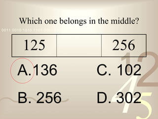 421
0011 0010 1010 1101 0001 0100 1011
Which one belongs in the middle?
125 256
A.136 C. 102
B. 256 D. 302
 