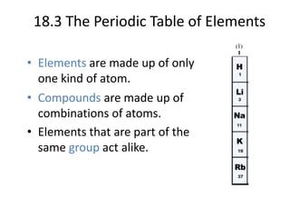 18.3 The Periodic Table of Elements

• Elements are made up of only
  one kind of atom.
• Compounds are made up of
  combinations of atoms.
• Elements that are part of the
  same group act alike.
 