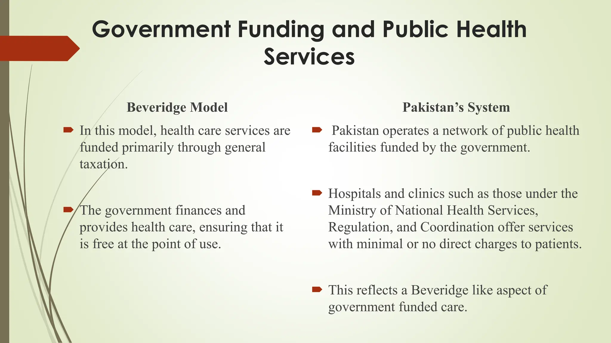 Government Funding and Public Health
Services
Beveridge Model
 In this model, health care services are
funded primarily through general
taxation.
 The government finances and
provides health care, ensuring that it
is free at the point of use.
Pakistan’s System
 Pakistan operates a network of public health
facilities funded by the government.
 Hospitals and clinics such as those under the
Ministry of National Health Services,
Regulation, and Coordination offer services
with minimal or no direct charges to patients.
 This reflects a Beveridge like aspect of
government funded care.
 