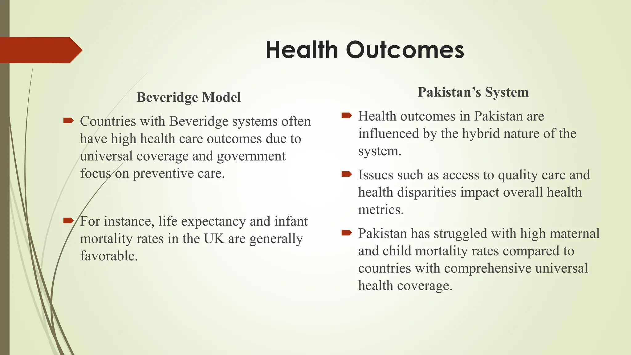 Health Outcomes
Beveridge Model
 Countries with Beveridge systems often
have high health care outcomes due to
universal coverage and government
focus on preventive care.
 For instance, life expectancy and infant
mortality rates in the UK are generally
favorable.
Pakistan’s System
 Health outcomes in Pakistan are
influenced by the hybrid nature of the
system.
 Issues such as access to quality care and
health disparities impact overall health
metrics.
 Pakistan has struggled with high maternal
and child mortality rates compared to
countries with comprehensive universal
health coverage.
 