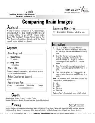 Print-and-Go™
                                    Module                                                             http://gslc.genetics.utah.edu
    The New Science of Addiction:
           Genetics and the Brain


                              Comparing Brain Images
  Abstract                                                                        Learning Objectives
  A color-by-number comparison of PET scan images
                                                                                          Brain activity diminishes with drug use.
  showing activity in a drug- free brain and the brain of
  a cocaine addict. For use with PET images on the
  Drugs Alter the Brain’s Reward Pathway page in The
  New Science of Addiction: Genetics and The Brain
  module on our website (url above).

                                                                                Instructions
 Logistics                                                                        1. Log on to The New Science of Addiction:
                                                                                     Genetics and the Brain module (url above) and
                                                                                     visit the Drugs Alter the Brain’s Reward Pathway
   Time Required                                                                     page.
                                                                                  2. Under the Changes Last Long After Use
       Class Time:                                                                   heading, click on the mouse graphic to
       15 minutes                                                                    alternate between PET images of a normal
                                                                                     functioning brain and the brain of a cocaine
       Prep Time:                                                                    addict.
       10 minutes
                                                                                  3. Color the normal-functioning brain activity on
   Materials                                                                         page S-1 using the appropriate PET image as a
                                                                                     guide.
  Student handouts, computers with internet access,
                                                                                  4. Color the brain activity of a cocaine addict on
  colored pencils or crayons                                                         page S-1 using the appropriate PET image as a
                                                                                     guide.
   Prior Knowledge Needed
                                                                                  Hint: The numbered areas in the brains on page S-1
  None
                                                                                  correspond to the following colors:
   Appropriate For:                                                               1 = red
  Primary         Intermediate          Secondary      College                    2 = yellow
                                                                                  3 = green
                                                                                  4 = light blue
                                                                                  5 = dark blue
                                                                                  Note: red and yellow indicate areas of high activity
         Credits
Molly Malone, Genetic Science Learning Center
Brendan Nicholson, Genetic Science Learning Center (illustrations)


         Funding
Funding for this module was provided by a Science Education Drug Abuse Partnership Award (SEDAPA) from the National
Institute on Drug Abuse, a component of the National Institutes of Health, Department of Health and Human Services.

            © 2005 University of Utah           This activity was downloaded from: http://gslc.genetics.utah.edu/teachers
 