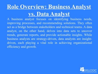 Role Overview: Business Analyst
vs. Data Analyst
A business analyst focuses on identifying business needs,
improving processes, and recommending solutions. They often
act as a bridge between stakeholders and technical teams. A data
analyst, on the other hand, delves into data sets to uncover
trends, generate reports, and provide actionable insights. While
business analysts are strategy-driven, data analysts are insight-
driven, each playing a vital role in achieving organizational
efficiency and growth.
 