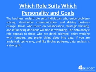 Which Role Suits Which
Personality and Goals
The business analyst role suits individuals who enjoy problem-
solving, stakeholder communication, and driving business
change. Those who thrive on collaboration, strategic thinking,
and influencing decisions will find it rewarding. The data analyst
role appeals to those who are detail-oriented, enjoy working
with numbers, and prefer diving deep into data. If you are
analytical, tech-savvy, and like finding patterns, data analysis is
a strong fit.
 