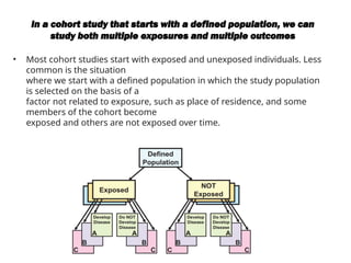 In a cohort study that starts with a defined population, we can
study both multiple exposures and multiple outcomes
• Most cohort studies start with exposed and unexposed individuals. Less
common is the situation
where we start with a defined population in which the study population
is selected on the basis of a
factor not related to exposure, such as place of residence, and some
members of the cohort become
exposed and others are not exposed over time.
 