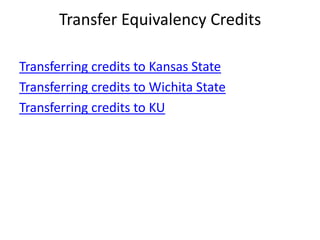 Transfer Equivalency CreditsTransferring credits to Kansas StateTransferring credits to Wichita StateTransferring credits to KU
