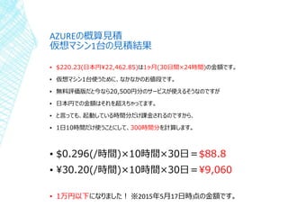 AZUREの概算見積
仮想マシン1台の見積結果
▪ $220.23(日本円¥22,462.85)は1ヶ月(30日間×24時間)の金額です。
▪ 仮想マシン1台使うために、なかなかのお値段です。
▪ 無料評価版だと今なら20,500円分のサービスが使えるそうなのですが
▪ 日本円での金額はそれを超えちゃってます。
▪ と言っても、起動している時間分だけ課金されるのですから、
▪ 1日10時間だけ使うことにして、300時間分を計算します。
▪ $0.296(/時間)×10時間×30日＝$88.8
▪ ¥30.20(/時間)×10時間×30日＝¥9,060
▪ 1万円以下になりました！ ※2015年5月17日時点の金額です。
 