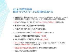 AZUREの概算見積
仮想マシンとストレージの見積を追加する
▪ 無料範囲内で余裕があるから、ドメインコントローラーは別のマシンにすることして、もう1台
追加で見積もってみます。それから、ストレージを見積もってなかったので追加します。
▪ DCはギリギリのリソースで動かすことにしてA1(1コア/1.75GB)を1台選択します。
▪ 米国ドル$55.06/月($0.074/時間)
▪ 日本円¥5,615.72/月(¥7.55/時間)
▪ という金額が表示されます。これも300時間として計算してみます。
▪ $0.074/時間×10時間×30日＝$22
▪ ¥7.55/時間×10時間×30日＝¥2,265
▪ ストレージは[データ管理]を選択して、[ストレージ][ローカル冗長][ページ BLOB と
Disks]を200GB(100×2)で見積ります。
▪ $10または¥1020.00/月でした。これはこのままの金額にします。
▪ ※2015年5月17日時点の金額です。
 