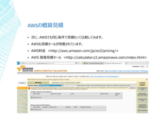 AWSの概算見積
▪ 次に、AWSでも同じ条件で見積もって比較してみます。
▪ AWSも見積ツールが用意されています。
▪ AWS料金 <http://aws.amazon.com/jp/ec2/pricing/>
▪ AWS 簡易見積ツール <http://calculator.s3.amazonaws.com/index.html>
 