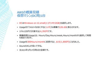 AWSの概算見積
仮想マシン(DC用)1台
▪ DCはWindows on t2.small(1コア/メモリ2GB)を選択します。
▪ Usageをデフォルトのままにすると1ヶ月フル稼働で$36.60と表示されます。
▪ 1ドル120円で計算すると4,392円です。
▪ 稼働時間(Usage)は、Hours/Day,Hours/week,Hours/monthから選択して時間
を指定できます。
▪ Usageを300Hours/monthに変更すると、$15(1,800円)になりました。
▪ AzureのA1より安いですね。
▪ ※2015年5月17日時点の金額です。
 