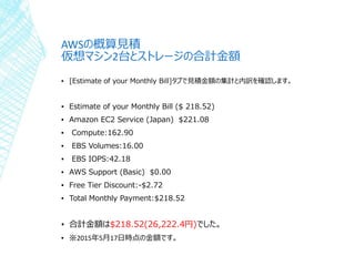 AWSの概算見積
仮想マシン2台とストレージの合計金額
▪ [Estimate of your Monthly Bill]タブで見積金額の集計と内訳を確認します。
▪ Estimate of your Monthly Bill ($ 218.52)
▪ Amazon EC2 Service (Japan) $221.08
▪ Compute:162.90
▪ EBS Volumes:16.00
▪ EBS IOPS:42.18
▪ AWS Support (Basic) $0.00
▪ Free Tier Discount:-$2.72
▪ Total Monthly Payment:$218.52
▪ 合計金額は$218.52(26,222.4円)でした。
▪ ※2015年5月17日時点の金額です。
 