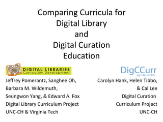 Comparing Curricula for Digital Library and Digital Curation Education Jeffrey Pomerantz, Sanghee Oh,  Barbara M. Wildemut...