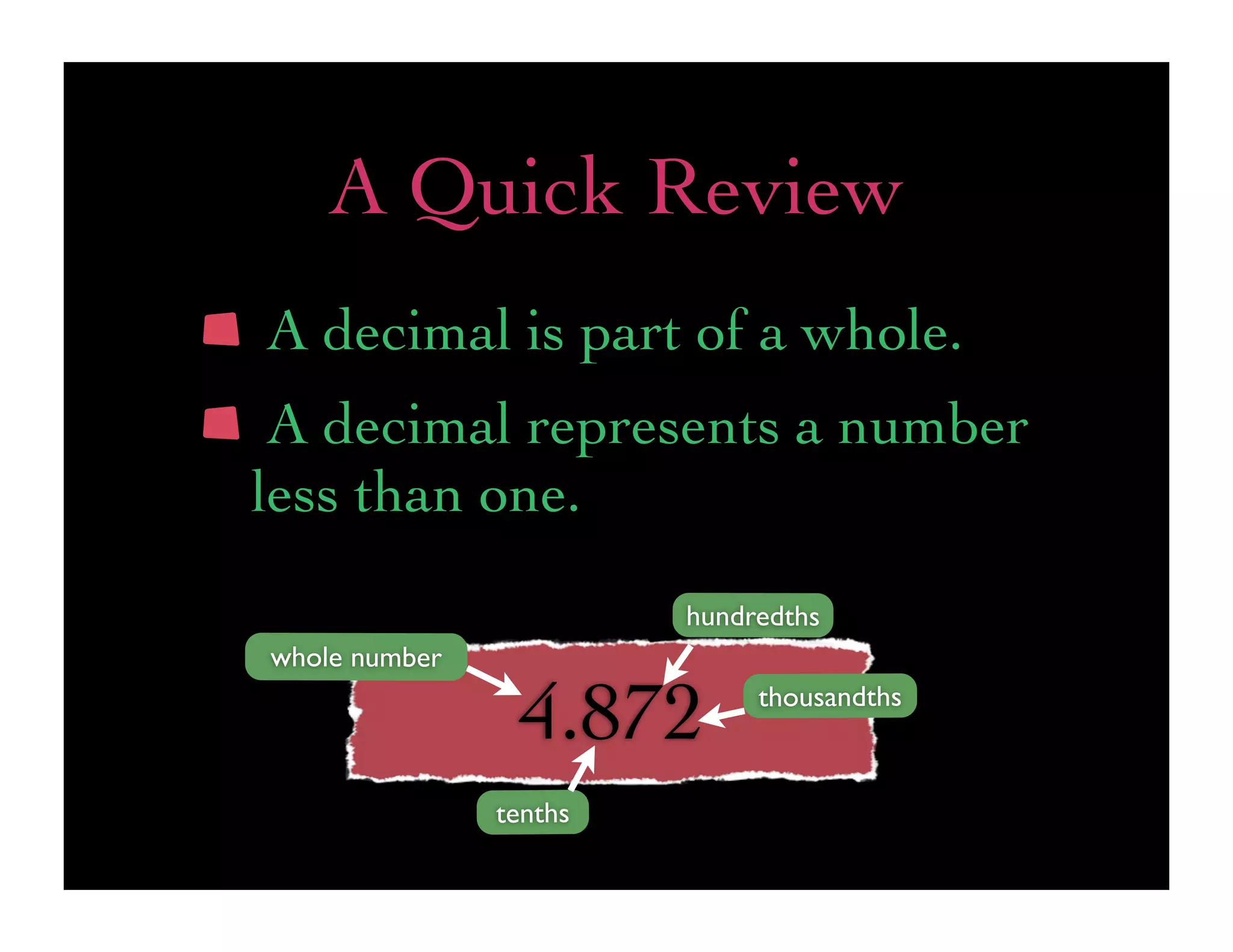 A Quick Review
A decimal is part of a whole.
 A decimal represents a number
less than one.
                        hundredths
whole number

                4.872        thousandths


               tenths
 
