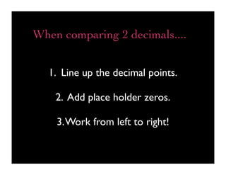 When comparing 2 decimals....


  1. Line up the decimal points.

    2. Add place holder zeros.

    3. Work from left to right!
 