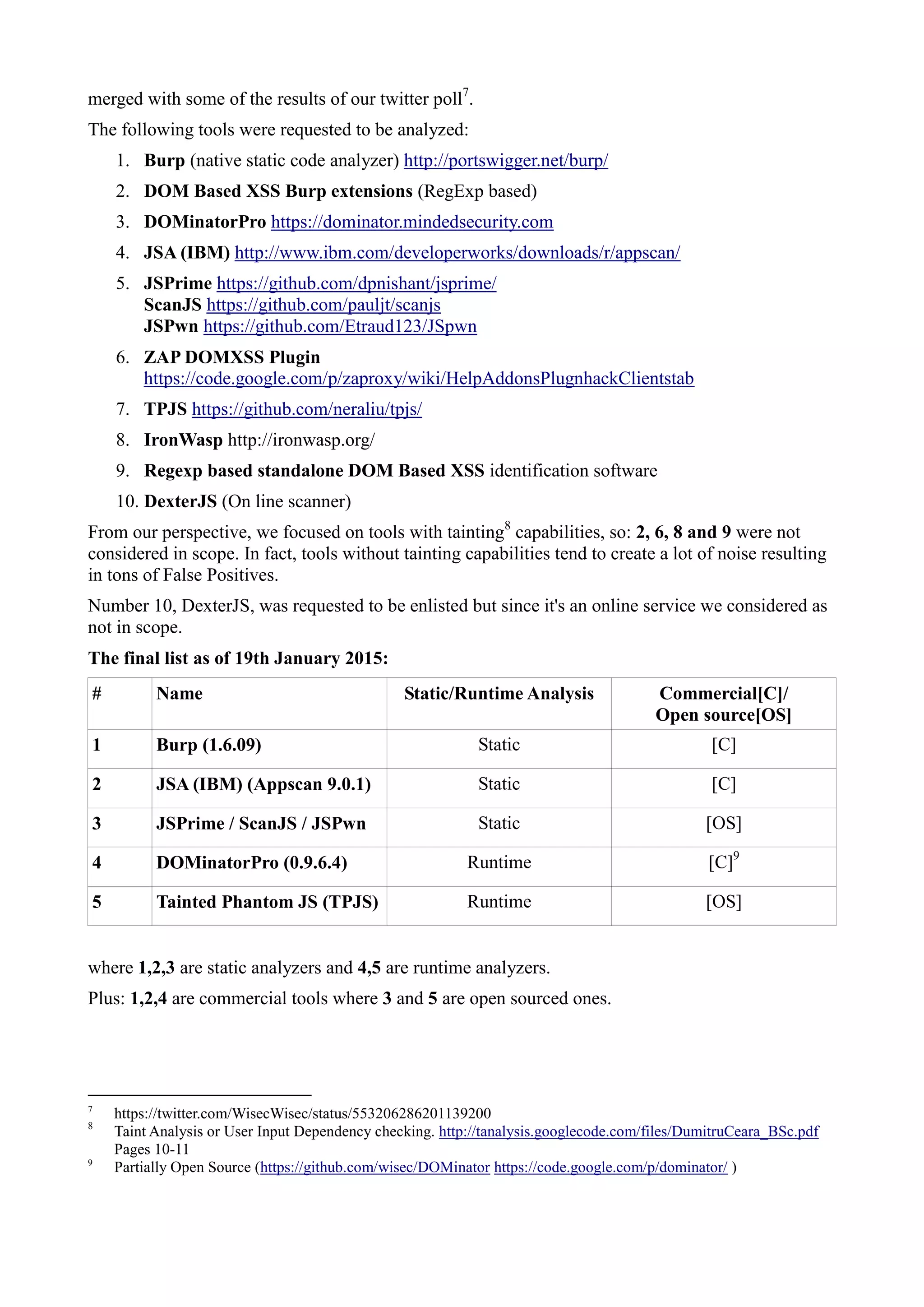 merged with some of the results of our twitter poll7
.
The following tools were requested to be analyzed:
1. Burp (native static code analyzer) http://portswigger.net/burp/
2. DOM Based XSS Burp extensions (RegExp based)
3. DOMinatorPro https://dominator.mindedsecurity.com
4. JSA (IBM) http://www.ibm.com/developerworks/downloads/r/appscan/
5. JSPrime https://github.com/dpnishant/jsprime/
ScanJS https://github.com/pauljt/scanjs
JSPwn https://github.com/Etraud123/JSpwn
6. ZAP DOMXSS Plugin
https://code.google.com/p/zaproxy/wiki/HelpAddonsPlugnhackClientstab
7. TPJS https://github.com/neraliu/tpjs/
8. IronWasp http://ironwasp.org/
9. Regexp based standalone DOM Based XSS identification software
10. DexterJS (On line scanner)
From our perspective, we focused on tools with tainting8
capabilities, so: 2, 6, 8 and 9 were not
considered in scope. In fact, tools without tainting capabilities tend to create a lot of noise resulting
in tons of False Positives.
Number 10, DexterJS, was requested to be enlisted but since it's an online service we considered as
not in scope.
The final list as of 19th January 2015:
# Name Static/Runtime Analysis Commercial[C]/
Open source[OS]
1 Burp (1.6.09) Static [C]
2 JSA (IBM) (Appscan 9.0.1) Static [C]
3 JSPrime / ScanJS / JSPwn Static [OS]
4 DOMinatorPro (0.9.6.4) Runtime [C]9
5 Tainted Phantom JS (TPJS) Runtime [OS]
where 1,2,3 are static analyzers and 4,5 are runtime analyzers.
Plus: 1,2,4 are commercial tools where 3 and 5 are open sourced ones.
7
https://twitter.com/WisecWisec/status/553206286201139200
8
Taint Analysis or User Input Dependency checking. http://tanalysis.googlecode.com/files/DumitruCeara_BSc.pdf
Pages 10-11
9
Partially Open Source (https://github.com/wisec/DOMinator https://code.google.com/p/dominator/ )
 
