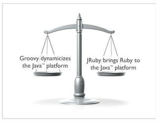 Groovy dynamicizes   JRuby brings Ruby to
 the Java platform
       TM

                       the Java platform
                             TM
 