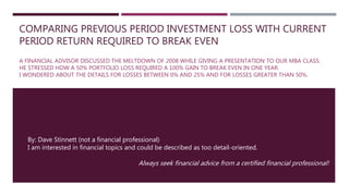 COMPARING PREVIOUS PERIOD INVESTMENT LOSS WITH CURRENT
PERIOD RETURN REQUIRED TO BREAK EVEN
A FINANCIAL ADVISOR DISCUSSED THE MELTDOWN OF 2008 WHILE GIVING A PRESENTATION TO OUR MBA CLASS.
HE STRESSED HOW A 50% PORTFOLIO LOSS REQUIRED A 100% GAIN TO BREAK EVEN IN ONE YEAR.
I WONDERED ABOUT THE DETAILS FOR LOSSES BETWEEN 0% AND 25% AND FOR LOSSES GREATER THAN 50%.
By: Dave Stinnett (not a financial professional)
I am interested in financial topics and could be described as too detail-oriented.
Always seek financial advice from a certified financial professional!
 