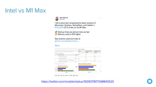 Intel vs M1 Max
https://twitter.com/mraible/status/1509371877348843525
 
