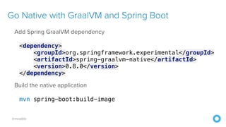 @mraible
Go Native with GraalVM and Spring Boot
Add Spring GraalVM dependency
<dependency>
<groupId>org.springframework.experimental</groupId>
<artifactId>spring-graalvm-native</artifactId>
<version>0.8.0</version>
</dependency>
Build the native application
mvn spring-boot:build-image
 