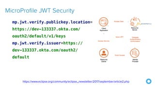 mp.jwt.verify.publickey.location=
https://dev-133337.okta.com/
oauth2/default/v1/keys


mp.jwt.verify.issuer=https://
dev-133337.okta.com/oauth2/
default
MicroProfile JWT Security
https://www.eclipse.org/community/eclipse_newsletter/2017/september/article2.php
 