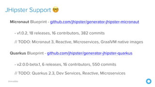 @mraible
JHipster Support 🤓
Micronaut Blueprint - github.com/jhipster/generator-jhipster-micronaut


- v1.0.2, 18 releases, 16 contributors, 382 commits


// TODO: Micronaut 3, Reactive, Microservices, GraalVM native images


Quarkus Blueprint - github.com/jhipster/generator-jhipster-quarkus


- v2.0.0-beta.1, 6 releases, 16 contributors, 550 commits


// TODO: Quarkus 2.3, Dev Services, Reactive, Microservices
 