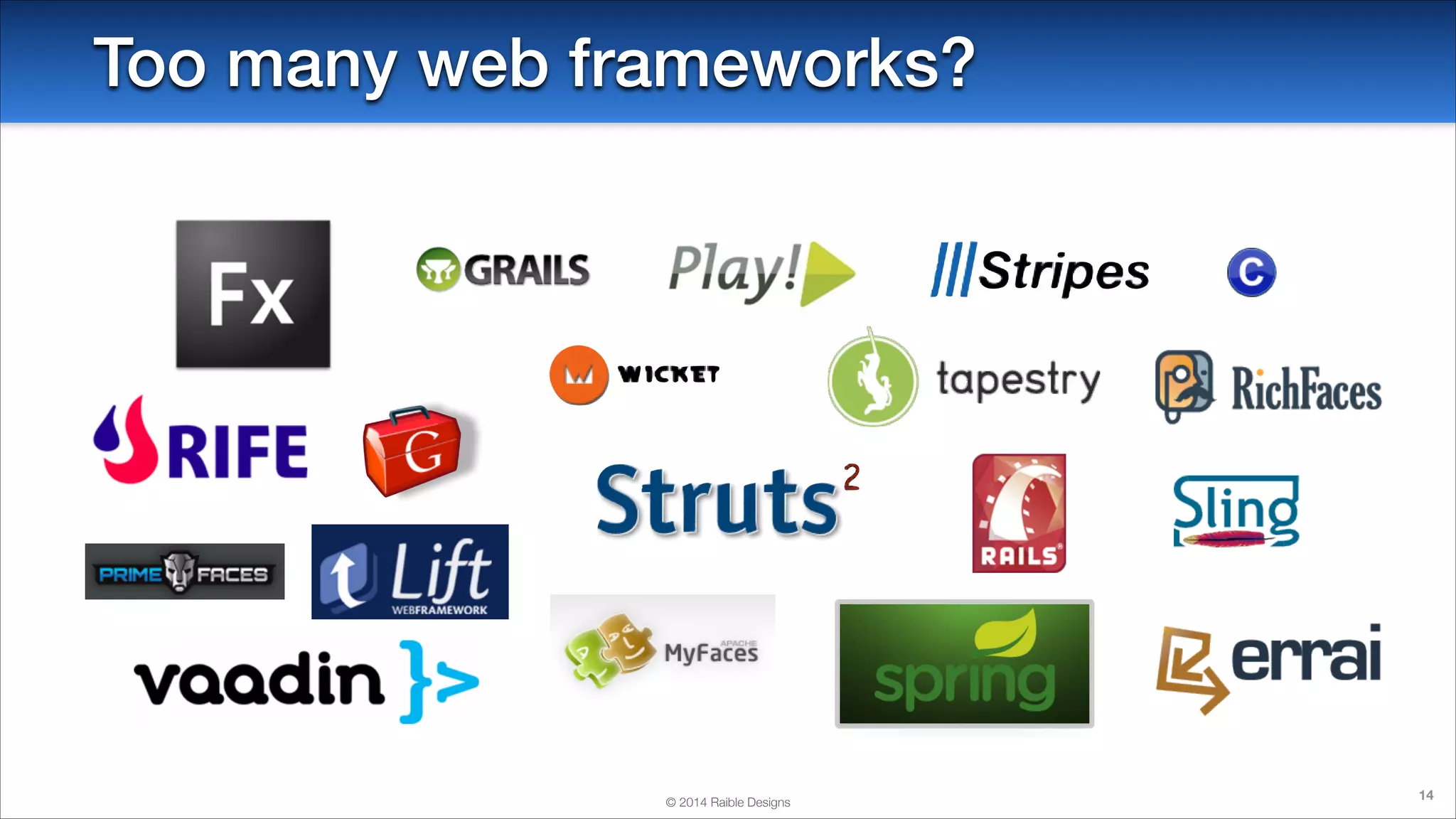 Too many web frameworks?

© 2014 Raible Designs

14

 
