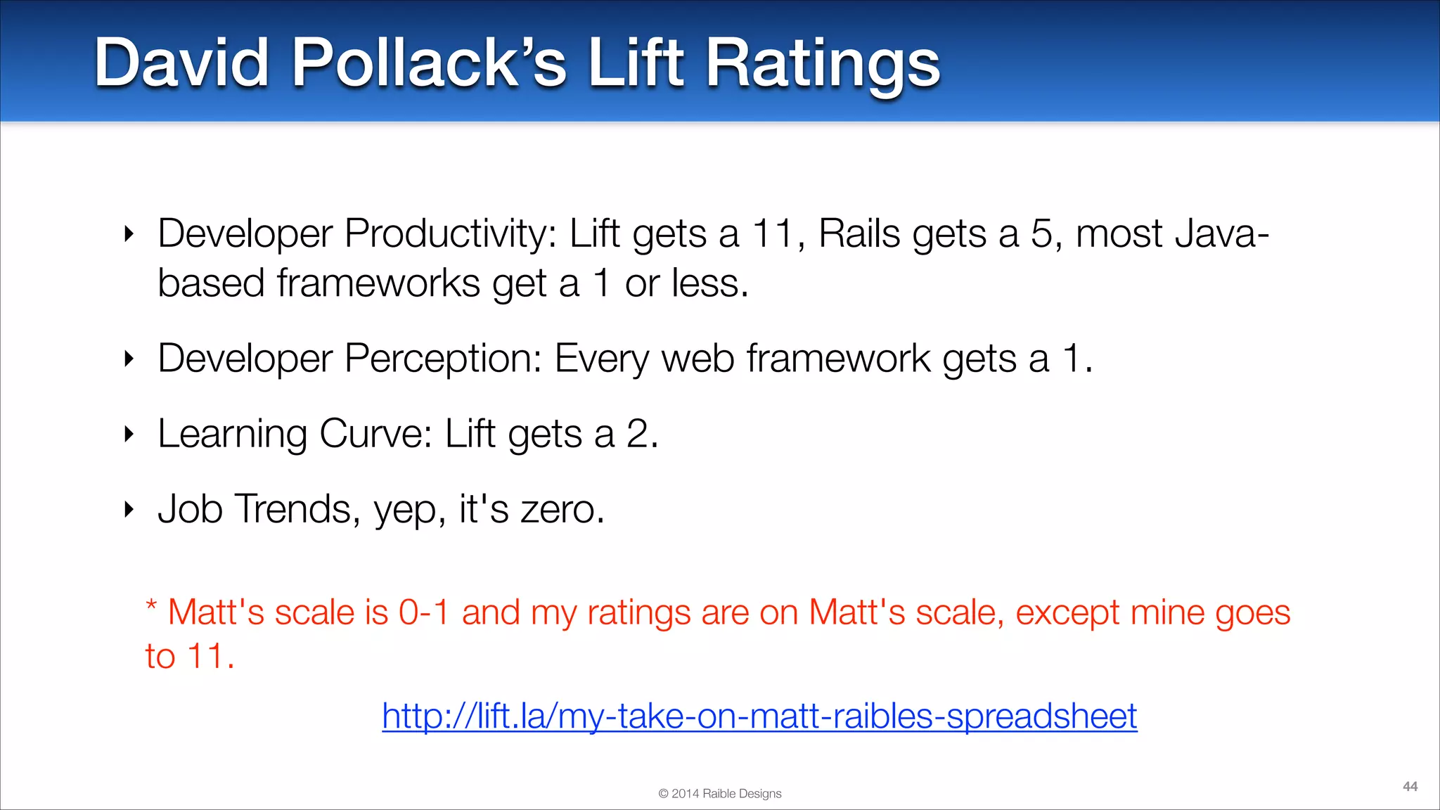 David Pollack’s Lift Ratings
‣

Developer Productivity: Lift gets a 11, Rails gets a 5, most Javabased frameworks get a 1 or less.

‣

Developer Perception: Every web framework gets a 1. 

‣

Learning Curve: Lift gets a 2.

‣

Job Trends, yep, it's zero.
* Matt's scale is 0-1 and my ratings are on Matt's scale, except mine goes
to 11.
http://lift.la/my-take-on-matt-raibles-spreadsheet
© 2014 Raible Designs

44

 