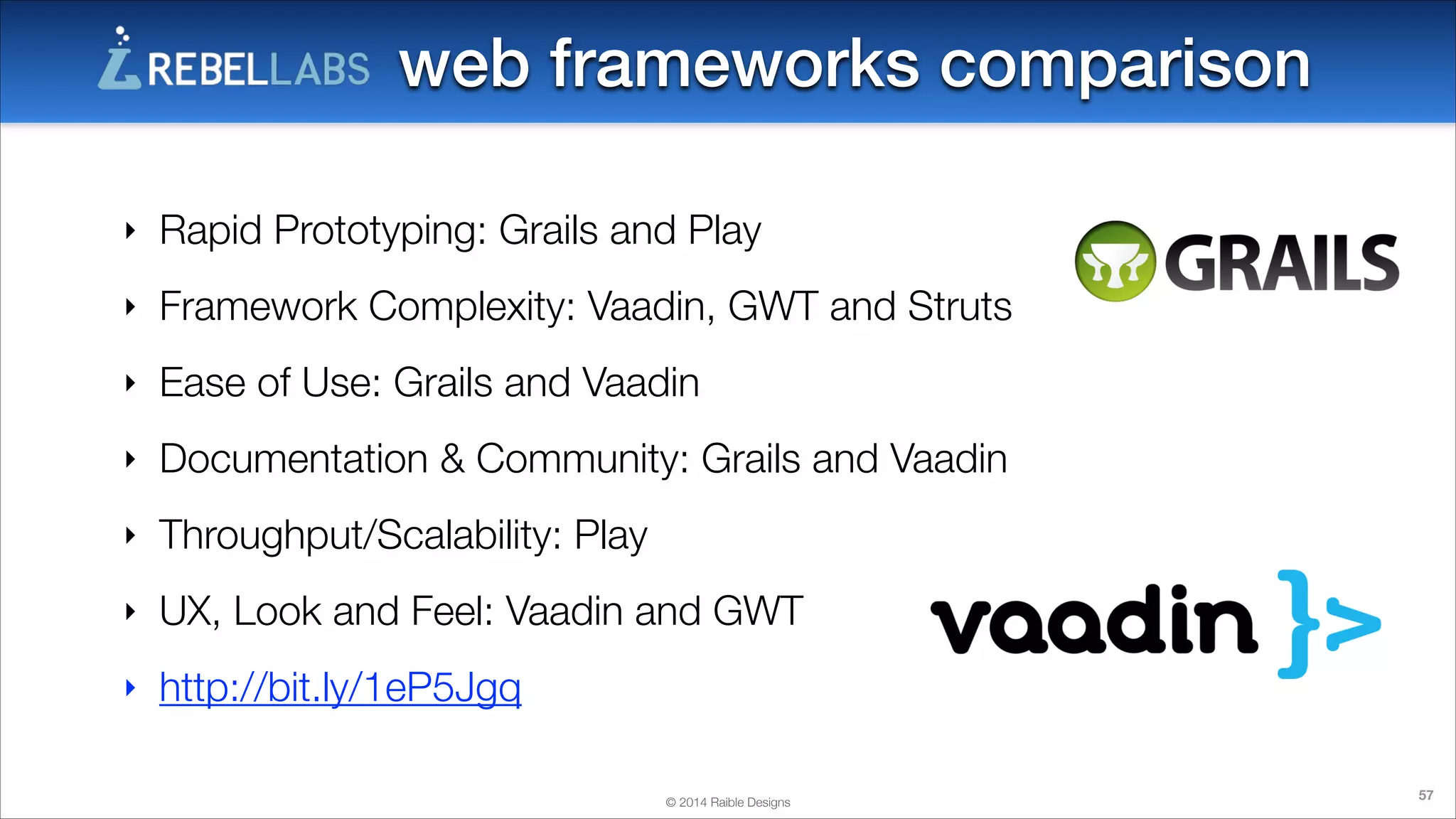 web frameworks comparison
‣

Rapid Prototyping: Grails and Play

‣

Framework Complexity: Vaadin, GWT and Struts

‣

Ease of Use: Grails and Vaadin

‣

Documentation & Community: Grails and Vaadin

‣

Throughput/Scalability: Play

‣

UX, Look and Feel: Vaadin and GWT

‣

http://bit.ly/1eP5Jgq
© 2014 Raible Designs

57

 