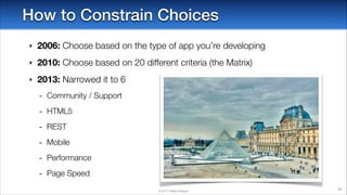 How to Constrain Choices
‣

2006: Choose based on the type of app you’re developing

‣

2010: Choose based on 20 different criteria (the Matrix)

‣

2013: Narrowed it to 6

-

Community / Support

-

HTML5

-

REST

-

Mobile

-

Performance

-

Page Speed
© 2014 Raible Designs

27

 
