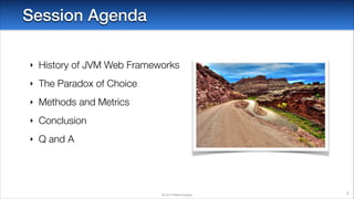 Session Agenda
‣

History of JVM Web Frameworks

‣

The Paradox of Choice

‣

Methods and Metrics

‣

Conclusion

‣

Q and A

© 2014 Raible Designs

3

 
