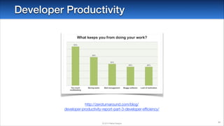 Developer Productivity

http://zeroturnaround.com/blog/
developer-productivity-report-part-3-developer-efﬁciency/

© 2014 Raible Designs

91

 