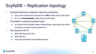 32
ScyllaDB – Replication topology
+ ScyllaDB implements a leaderless replication architecture
■ Every node actively writes and reads from ANY partition (key) in the cluster
■ RF=3 is a recommendation, rather than an enforcement
+ The problem is ensuring consistent reads
■ In contrast with Aerospike's leader-follower design, reading your own writes
DO require a network round trip under RF=3
+ The solution for RF=2?
■ Write with Quorum (or ALL)
■ Read with One
■ Very same guarantees as Aerospike promises
 