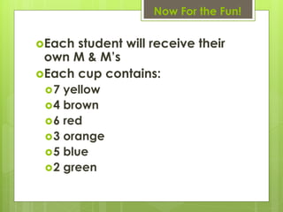 Now For the Fun!

Each student will receive their
 own M & M’s
Each cup contains:
 7  yellow
  4 brown
  6 red
  3 orange
  5 blue
  2 green
 